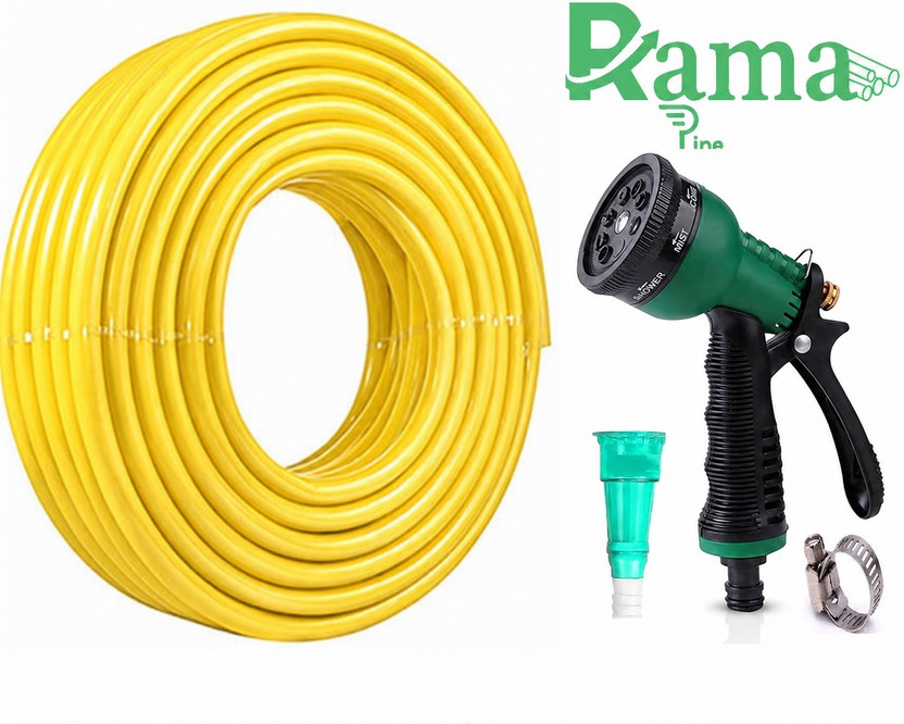 RAMA PIPE 0.5 inch yellow 2 layered garden pipe with 7 way pvc nozzle 60 feet durable, lightweight Hose Pipe(20 m)