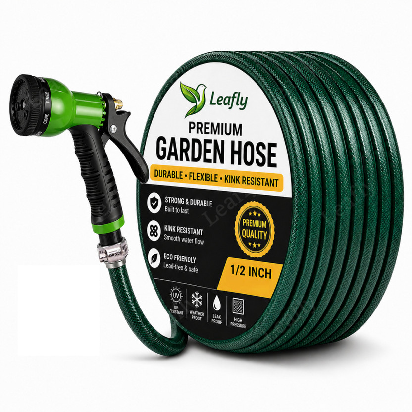 Leafly Heavy Duty 1/2 Inch Flexible Water Pipe with Double Latex Core & Braided Layer 8-Pattern Spray Gun, Tap Connector & 2 Clamps | Garden Hose Pipe(30 m)