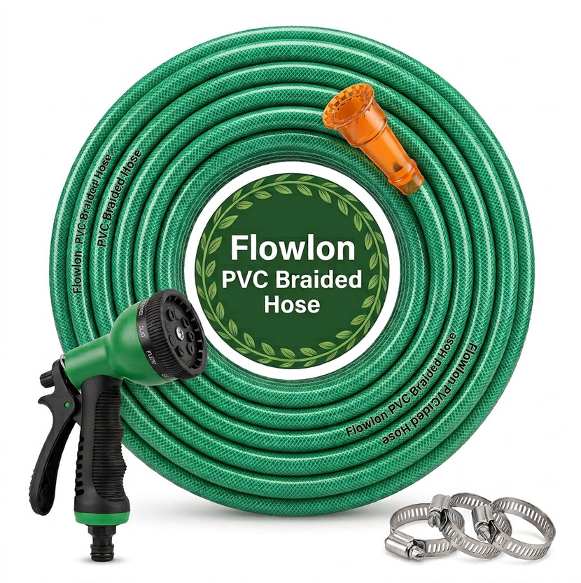 FLOWLON Heavy Duty PVC Braided Water Hose Pipe 25 Meter / 0.5mm (1/2 Inch) with 8 Mode Spray Gun, Tap Adapter, 3 Clamps, for Car Wash, Garden Watering Hose Pipe(25 m)