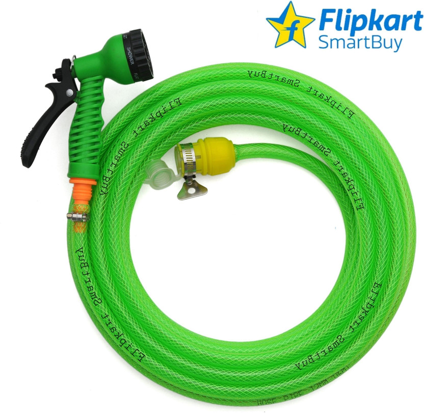 Flipkart SmartBuy 10 Meter (32 feet) Braided Green Pipe (Diameter : 0.5 inch,12 mm) Flexible Pipe : Water Tap Adapter, 7 Pattern Spray Gun and Braided Green Garden Hose Pipe(10 m)