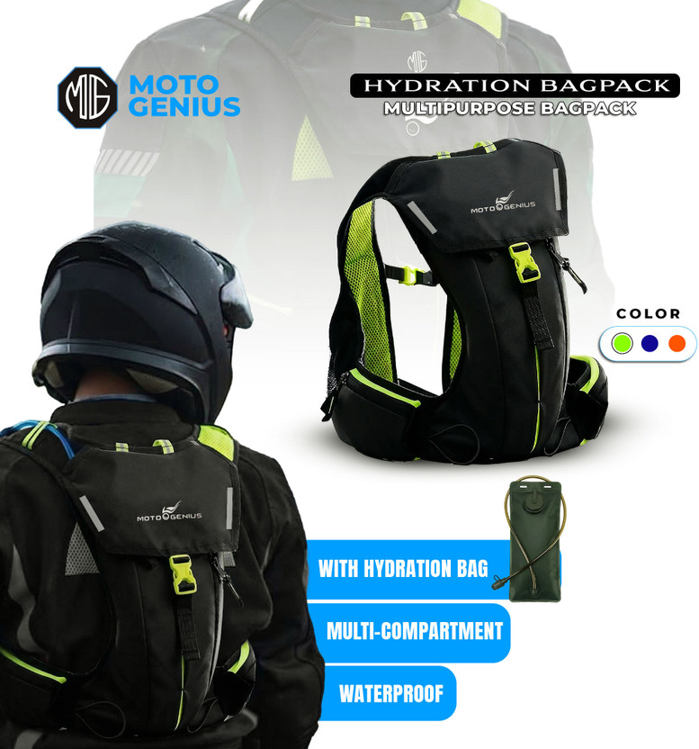 Moto Genius Hydration Backpack with 2L BPA-Free Bladder, Multi-Compartment Storage(Neon) Hydration Pack