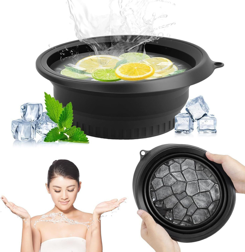 CASSINE Silicone Massage Bowl Face Bowl for Ice with Builtin Icetray,Portable Foldable Silicone IceFacial Bowl(Pack of 1, Black)