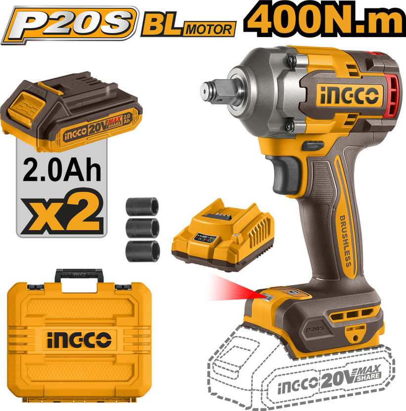 INGCO 20V Lithium-ion 400nm CIWLI2040 Cordless Impact Wrench(1/2 inch)