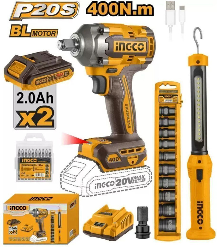 INGCO Cordless 2 pcs combo kit Cordless Impact Wrench(1/2 inch)
