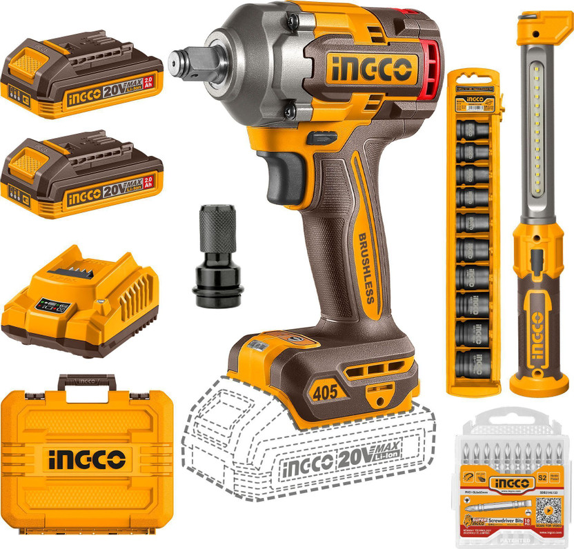 INGCO 20V Cordless Impact Wrench 405Nm + Work Lamp | Complete Accessory Set | Cordless Impact Wrench(1/2 inch)