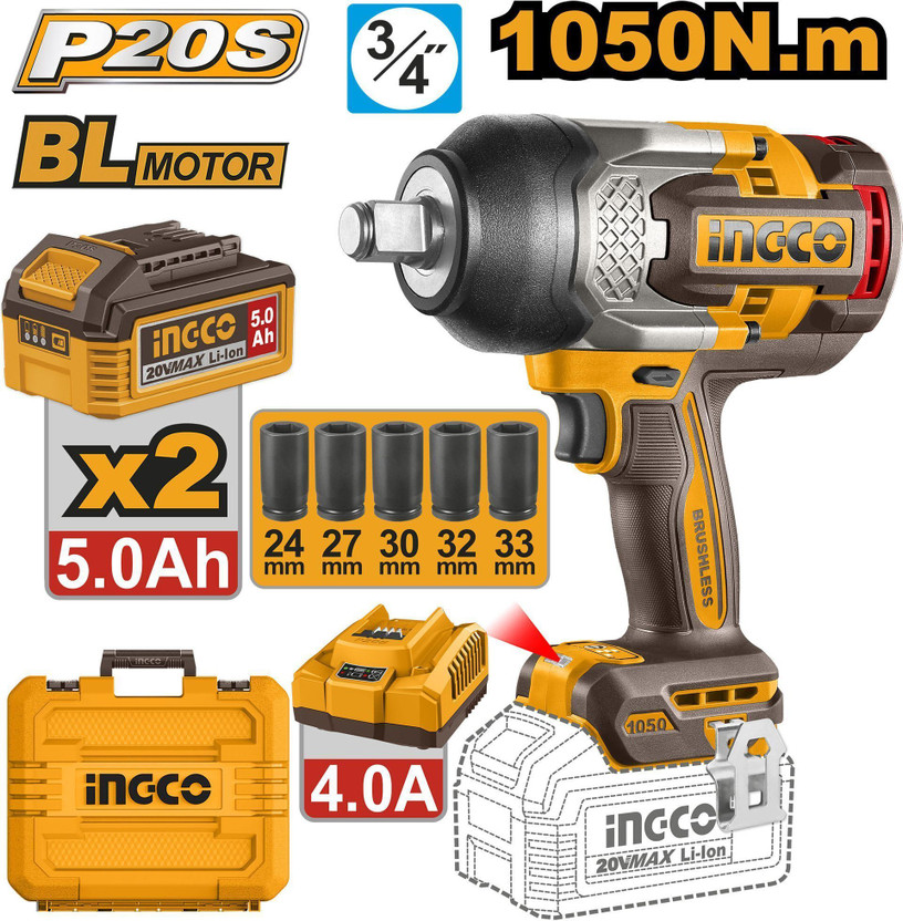 INGCO Cordless Impact Wrench 1050Nm, 3/4", Brushless Motor, Cordless Impact Wrench(3/4 inch)