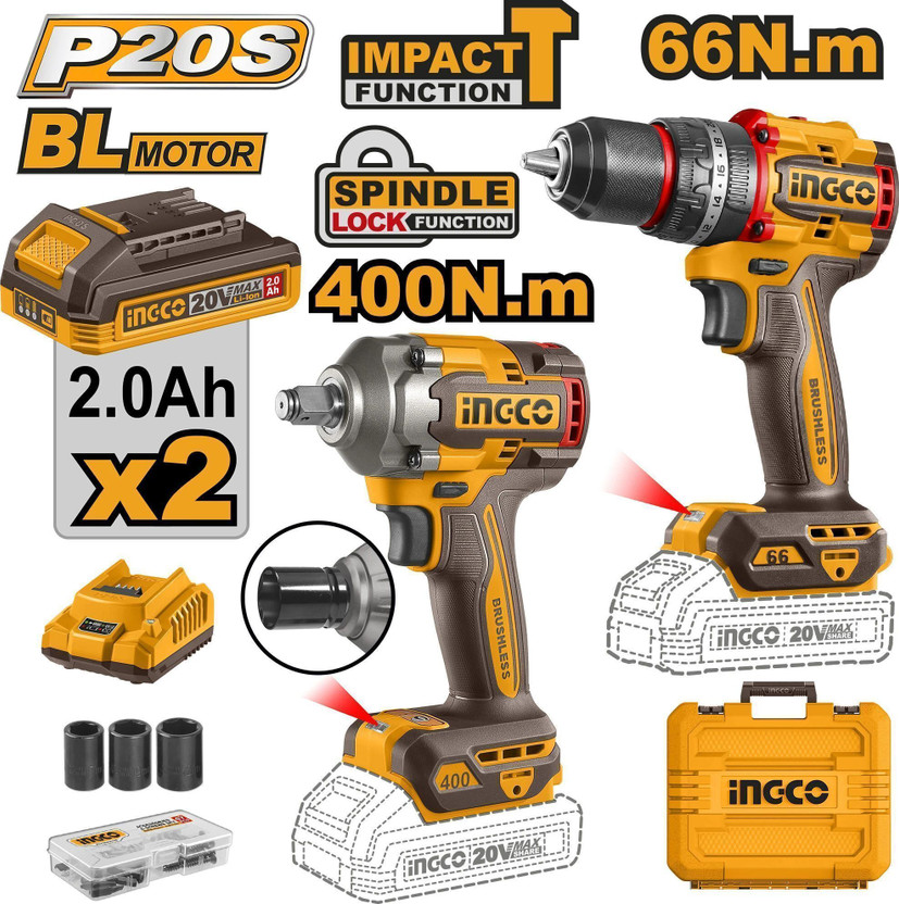 INGCO Cordless 2 pcs combo kit CKLI20275 with 400nm Cordless Impact Wrench(1/2 inch)