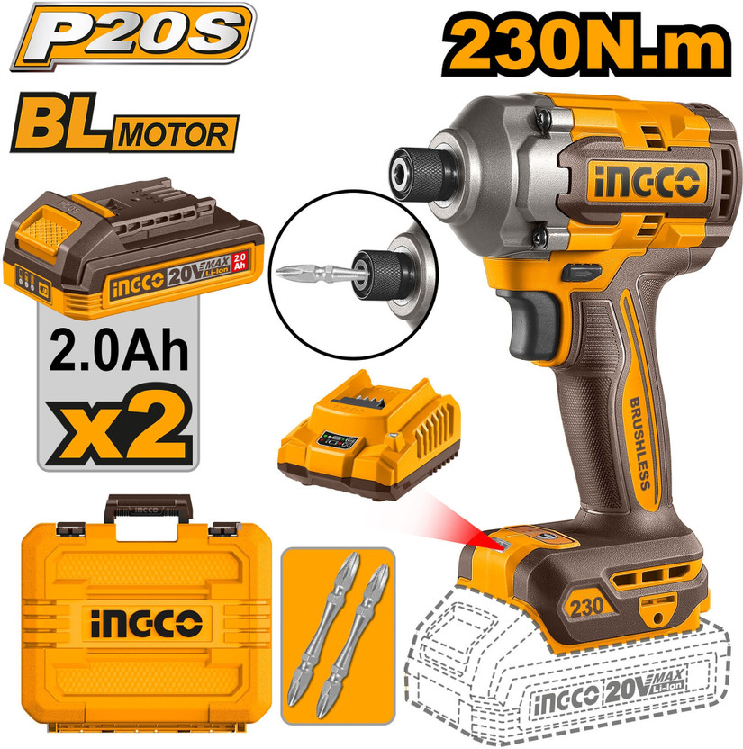 INGCO 20V Cordless BL Impact Driver Kit (230N.m Torque) Cordless Impact Wrench(1/2 inch)
