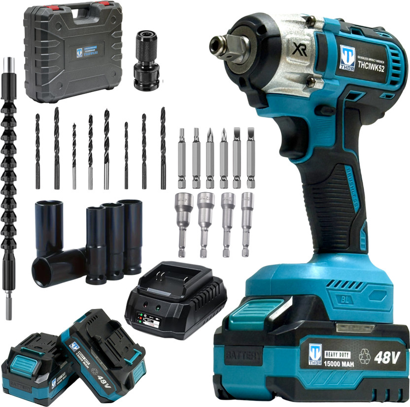 thor 48V Cordless Wrench 450Nm 4in-1,2 Batteries,Fast Charger,Drill Bits,Case Cordless Impact Wrench(1/2 inch)