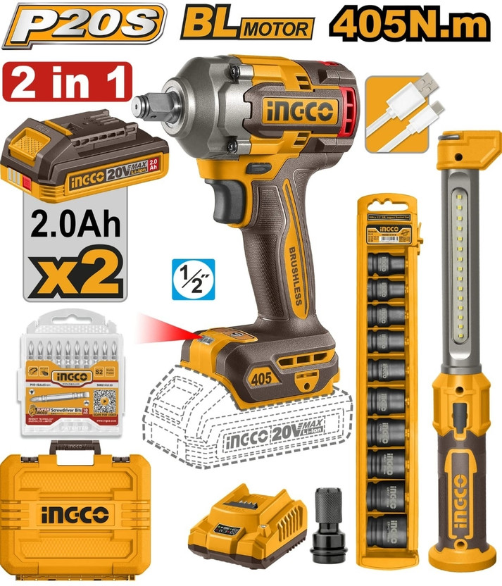 INGCO 20V Cordless Brushless Impact Wrench 405Nm with 2.0Ah Batteries, Combo Kit Cordless Impact Wrench(1/2 inch)