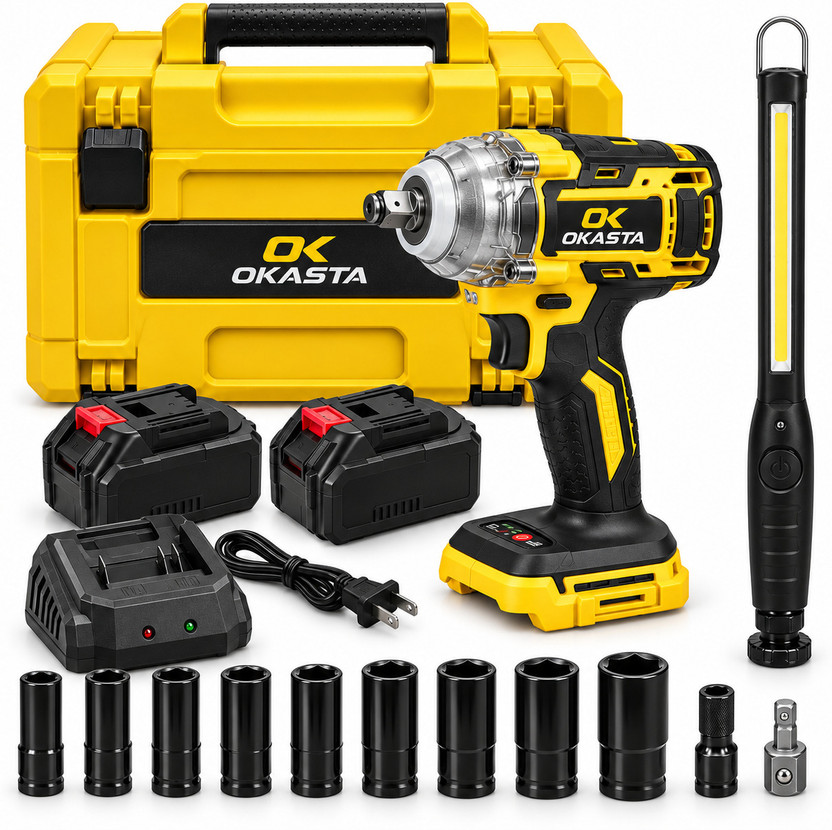 OKASTA 350NM Cordless Impact Wrench Combo Kit with 11pcs Socket Set & LED Work Light Cordless Impact Wrench(1/2 inch)