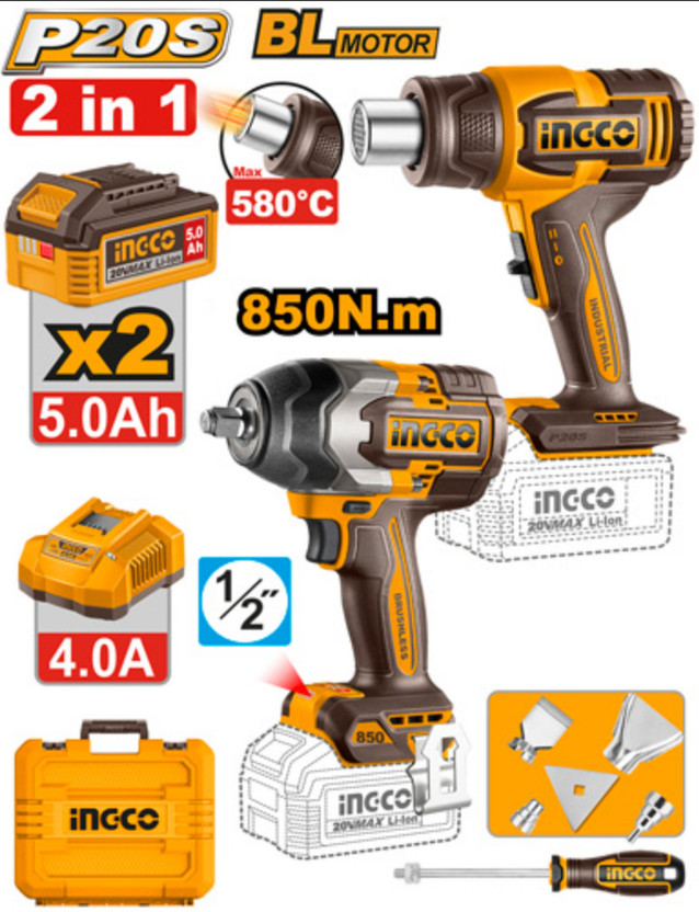 INGCO 2PCS COMBO KIT HGLI2008 CORDLESS HEAT GUN WITH 850NM Cordless Impact Wrench(1/2 inch)