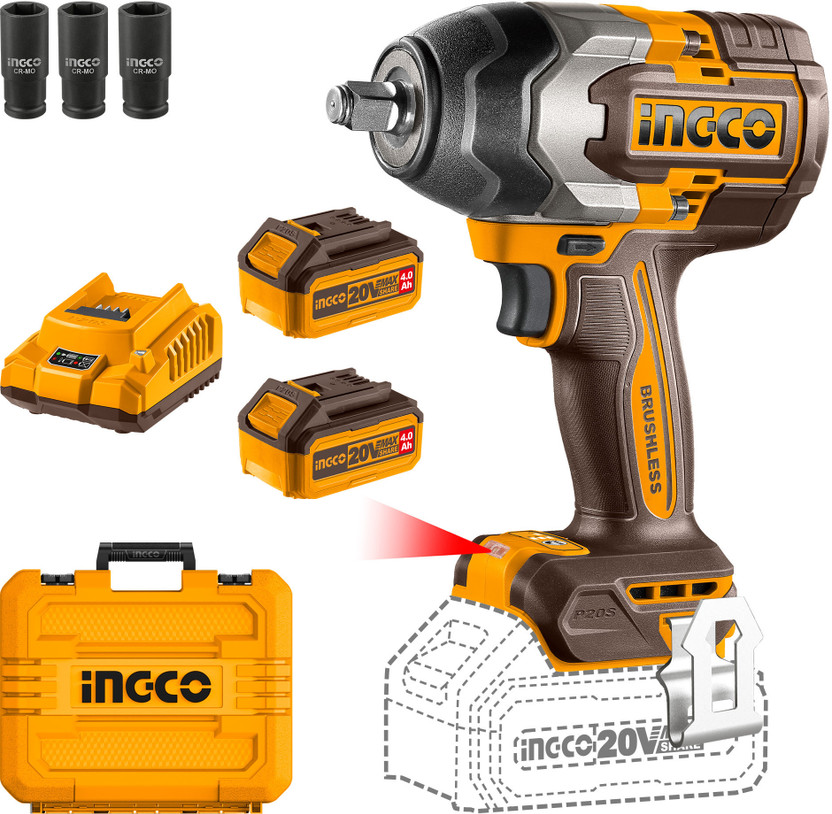 INGCO CIWLI2085 Brushless Cordless Impact Wrench 850Nm 3 Speed, 2pcs 4.0Ah Batteries Cordless Impact Wrench(1/2 inch)