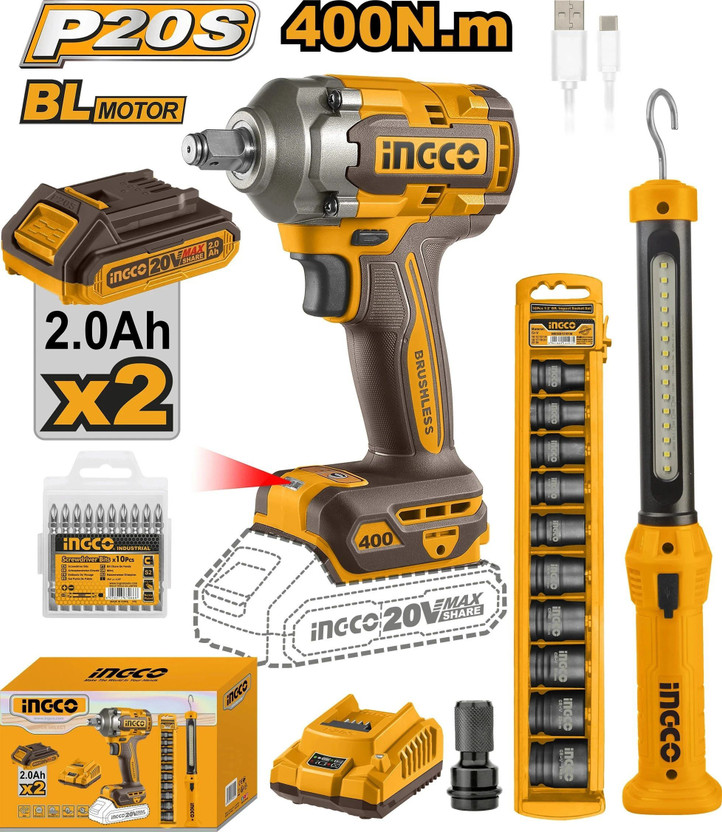 INGCO COSLI23056 1/2'' Cordless 27 pcs combo kit impact wrench 405NM Cordless Impact Wrench(1/2 inch)