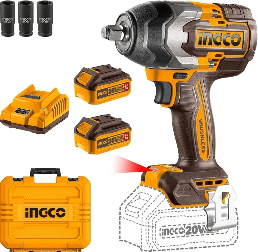 INGCO 20V CIWLI2085(850NM) 1000NM MAXIMUM TORQUE 3 SPEED WITH AI FEATURE Cordless Impact Wrench(1/2 inch)