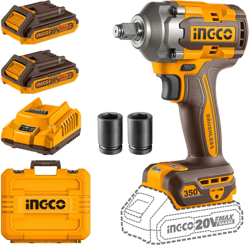 INGCO 20V Brushless Cordless Impact Wrench 350Nm with 2 Batteries and Charger Cordless Impact Wrench(1/2 inch)
