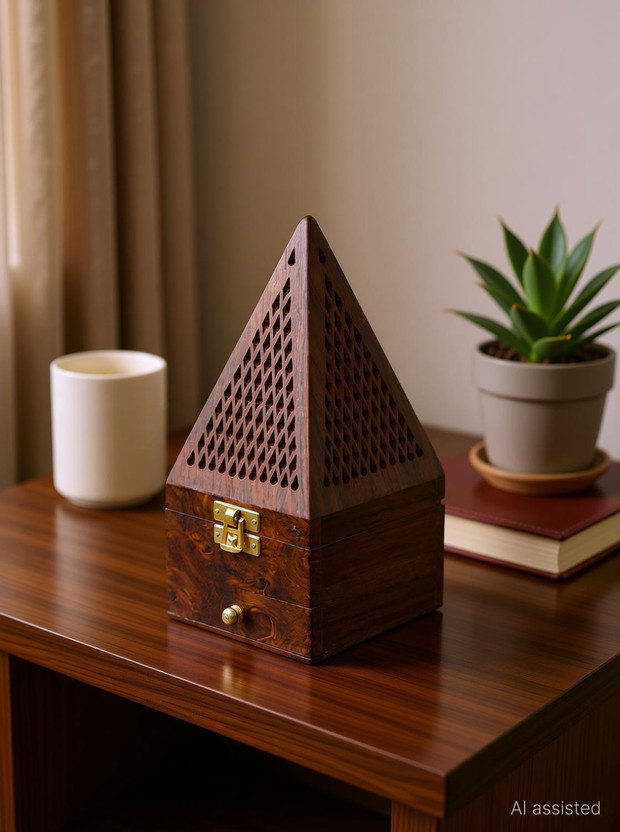 AAYAT HANDICRAFTS Wooden Bakhoor Cone Burner/Dhoop Batti Dan(Box). (Pyramid Shape) Wooden Incense Cone Box/Ash Catcher/Home Fragrance Stand/Holder for Meditation Aromatherapy Home Fragrance Products. Made in India with strong and resistant wood with antique finish. Wooden Incense Holder(Brown)