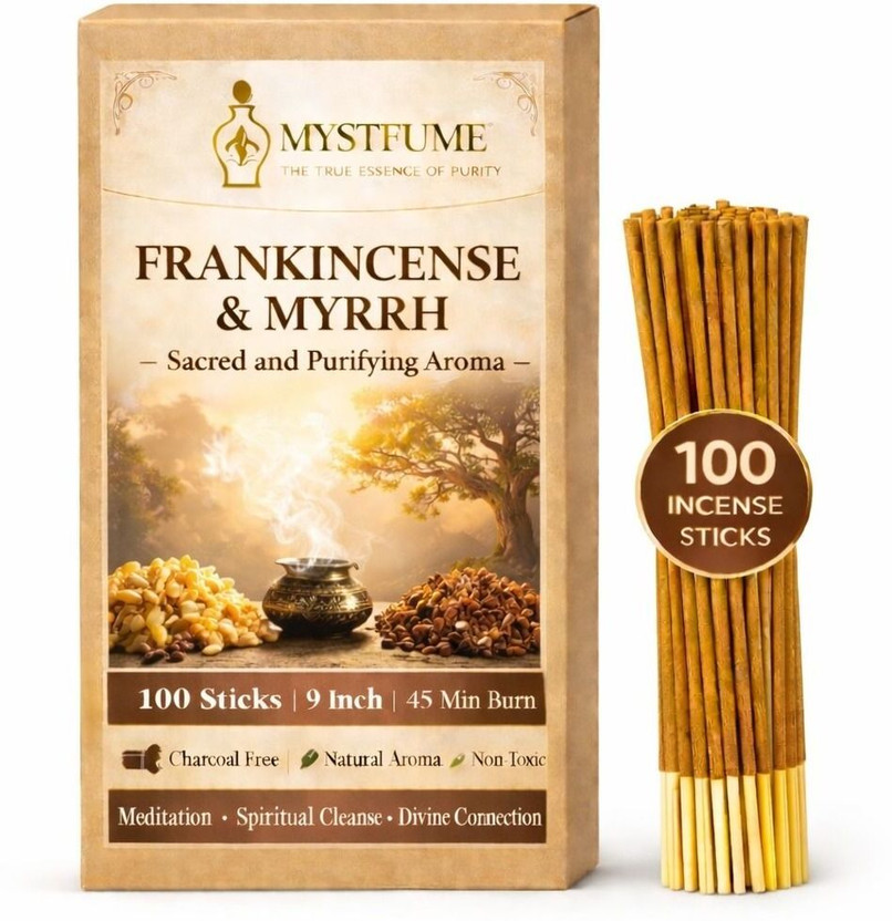 MYSTFUME Frankincense Myrrh Incense Sticks | Natural Charcoal-Free Agarbatti 100 Purifying Aromatherapy, Calming & Cleansing, Meditation&Relaxation, Long-Lasting Burn(100 Units, Set of 1)