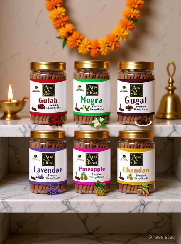 Aroblend PREMIUM GULAB, MOGRA, CHANDAN, PINEAPPLE, LAVENDER & GUGAL DRY DHOOP INCENSE STICKS COMBO PACK OF 6 JAR FOR ROOM FRESHNESS, & YOGA MEDITATION(600 g, Set of 6)