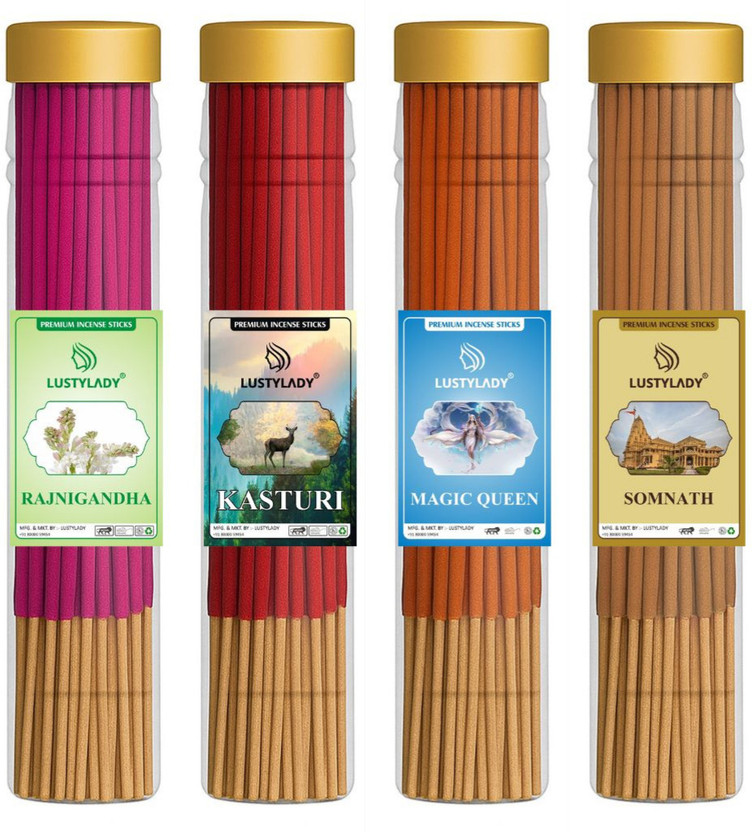 Lustylady Agarbatti Natural Premium Quality Incense Oils Pooja Prayer Meditation Rajnigandha, Kasturi, Magic Queen, Somnath(400 g, Set of 4)