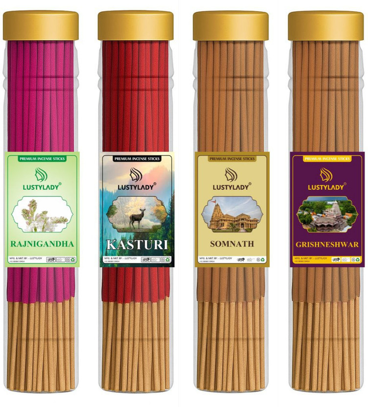Lustylady Agarbatti Herbal Traditional Sticks Natural Oils Temple Meditation Pooja Rajnigandha, Kasturi, Somnath, Grishneshwar(400 g, Set of 4)