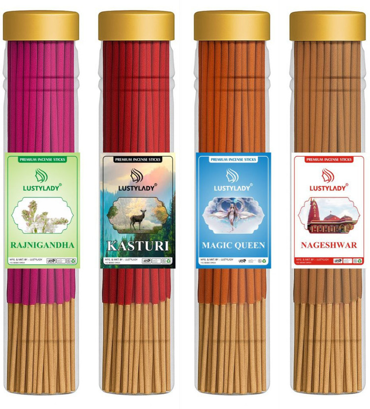 Lustylady Lustylady Agarbatti Herbal Pure Natural Sticks Fragrance Temple Prayer Meditation Rajnigandha, Kasturi, Magic Queen, Nageshwar(400 g, Set of 4) - Flipkart Deal