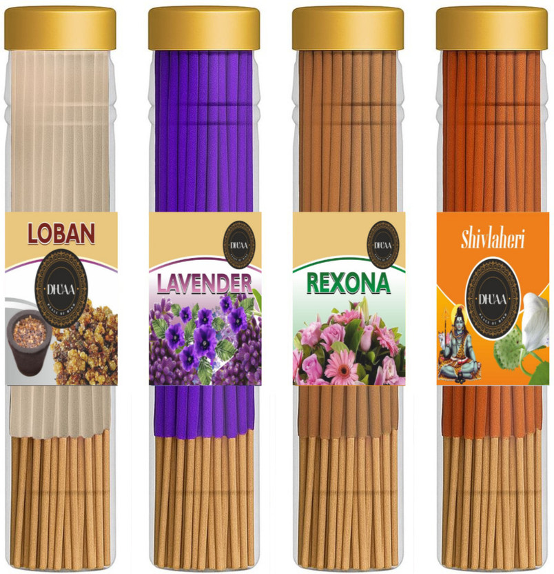 Dhuaa Herbal Incense Sticks for Stress Relief and Positivity LOBAN, LAVENDER, REXONA, SHIVLAHERI(400 g, Set of 4)