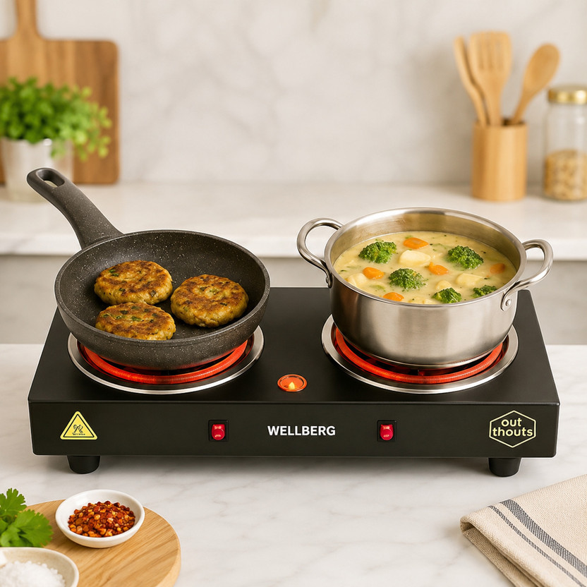 Wellberg 2000W Dual Plate Electric Cooking Heater for Slow Cooking and Food Heating Electric Cooking Heater(2 Burner)