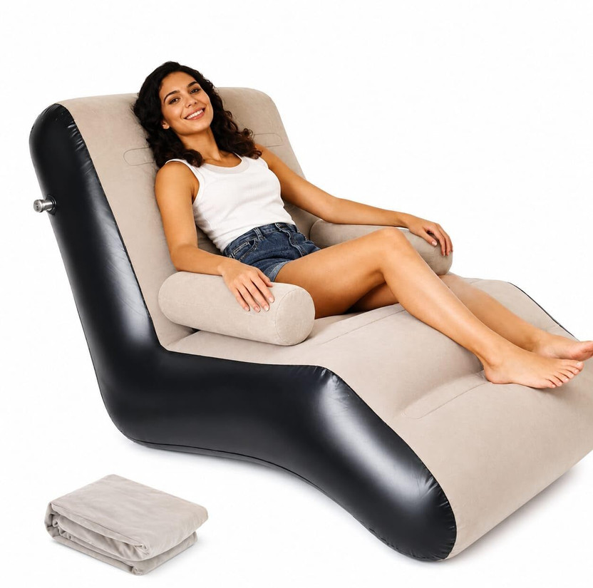 Finzara Inflatable PVC Flocking Sofa Chair 2-in-1 Lounge Bed with Air Pump Home Outdoor Polyester 2 Seater Inflatable Sofa(Color - Beige, Pre-assembled)