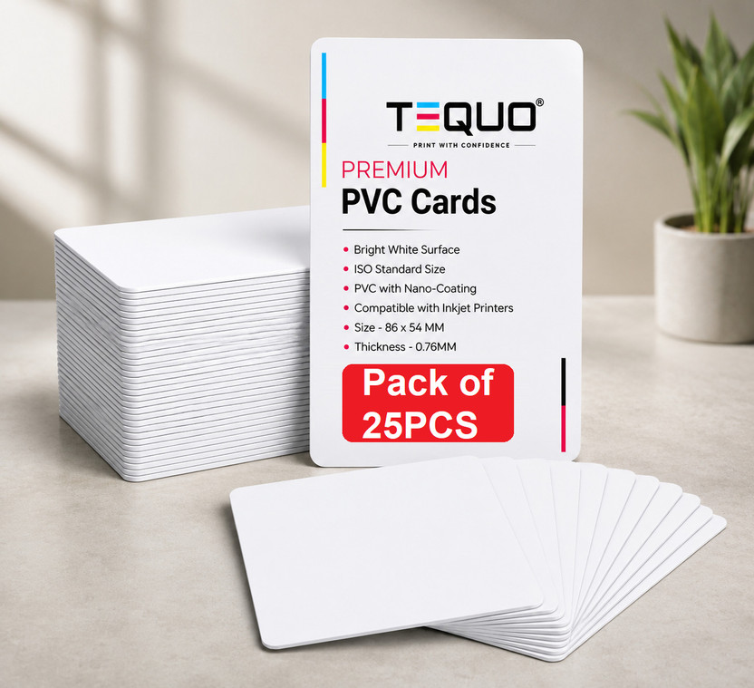 tequo Pack of 25Pc PVC Inkjet Cards 800 Micron Glossy Double Side Printable White Ink Cartridge