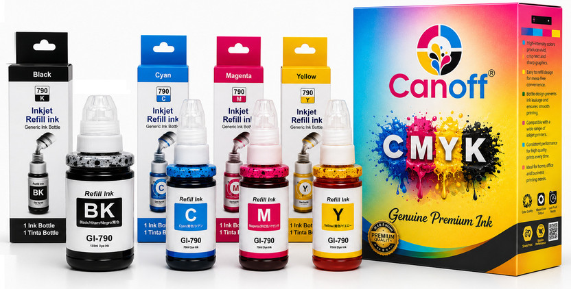 canoff Refill Ink for Can on G1000/G2002 /G2010 / G2012 / G3000/ G3010 /G4010 Printer Black + Tri Color Combo Pack Ink Bottle