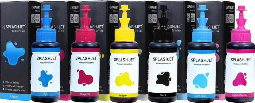 Splashjet T673 Refill Ink for L805, L800, L1800, L810 - (70gm x 6 Color Set) - 501717 Black + Tri Color Combo Pack Ink Bottle