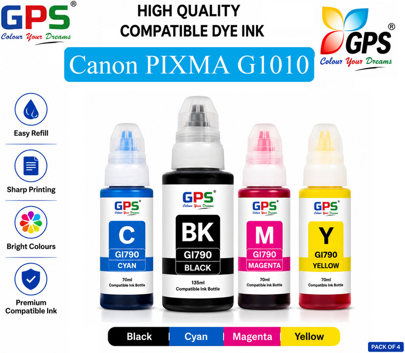 GPS Colour Your Dreams ® GI790 Compatible Ink Set for Canon PIXMA G1010 Series Printer (4 Colour Pack) Black + Tri Color Combo Pack Ink Bottle