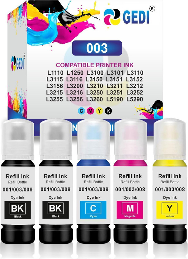 Gedi 003 Refill Ink Compatible for Epson L3110,L3150,L3250,L3252,L3115 Printer 2PC Black + Tri Color Combo Pack Ink Bottle