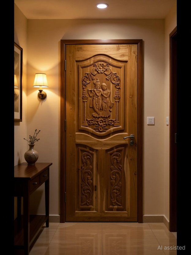 La Furniture Best Computerized Classsic Radha Krishna Design 3 Pannel Segun Wooden Door Palla Interior Door(Teak)