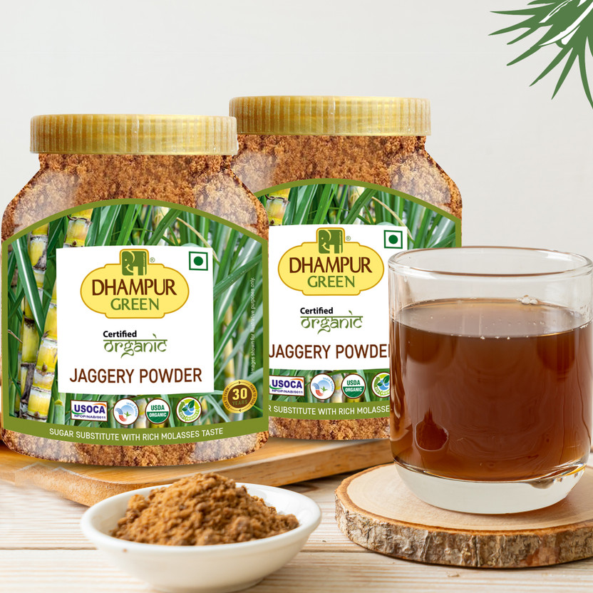 DHAMPUR GREEN Organic Jaggery Powder Organic Desi Gur ki Shakkar Jar 800g (Pack of 2) Powder Jaggery(1.6 kg, Pack of 2)