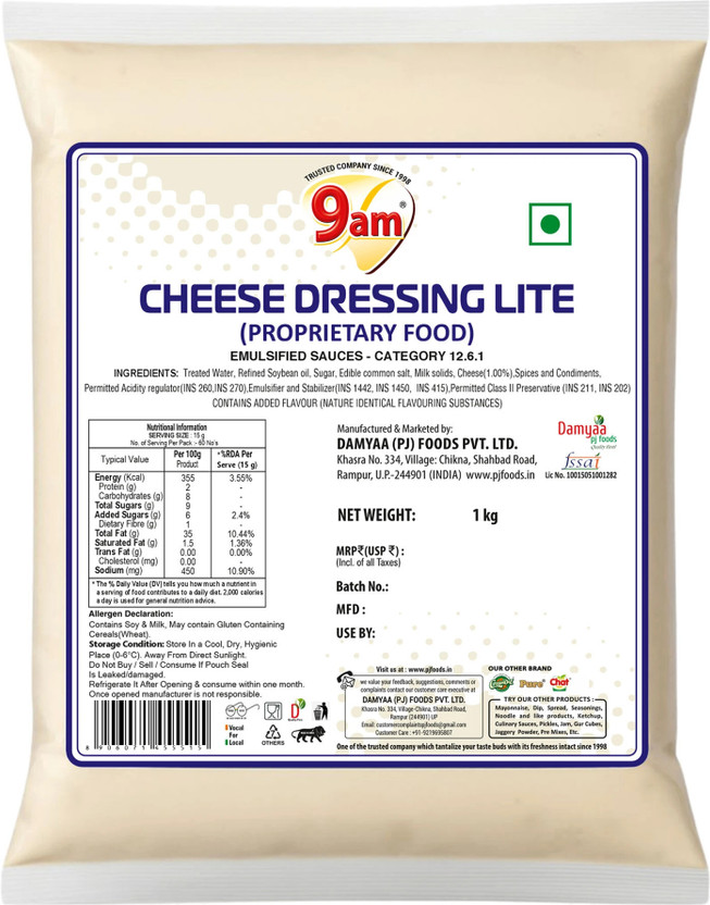 9am 9am Cheese Dressing Lite | 1kg Pouch | Creamy Cheese Sauce for Sandwiches & Burgers(1 kg) - Flipkart Deal