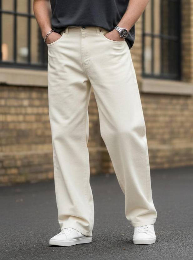 SGStore Men Wide Leg Mid Rise Beige Jeans
