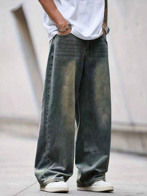 YAMEETFIT Men Baggy Fit Mid Rise Light Green Jeans