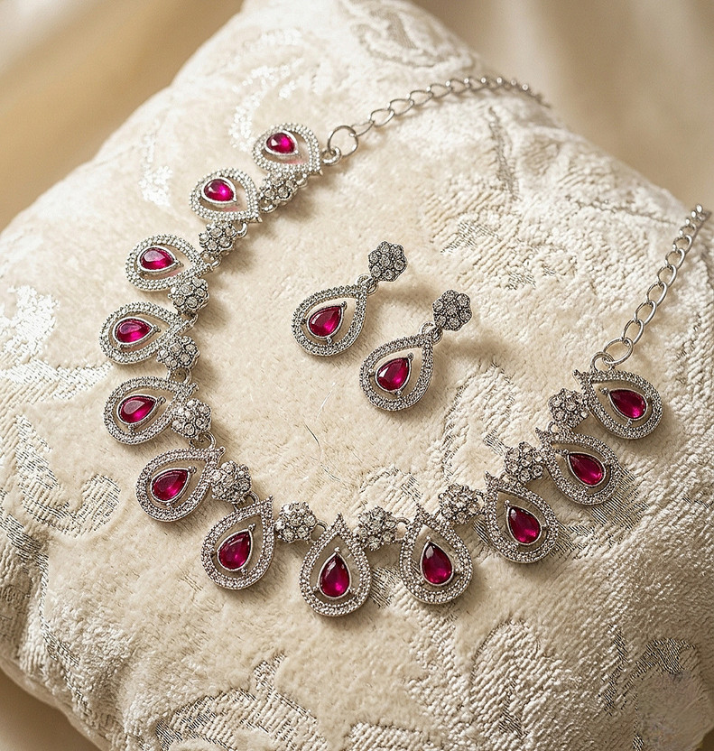 saral saral art Alloy Rhodium Silver, Red Jewellery Set(Pack of 1) - Flipkart Deal