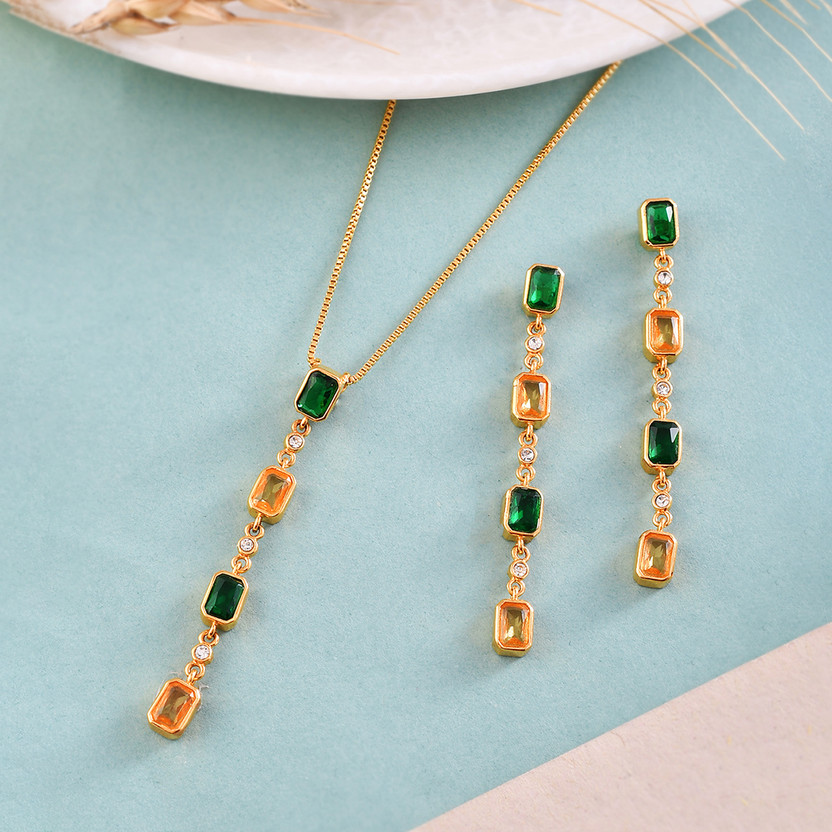 Voylla Brass Gold-plated Gold, Green Jewellery Set(Pack of 3)