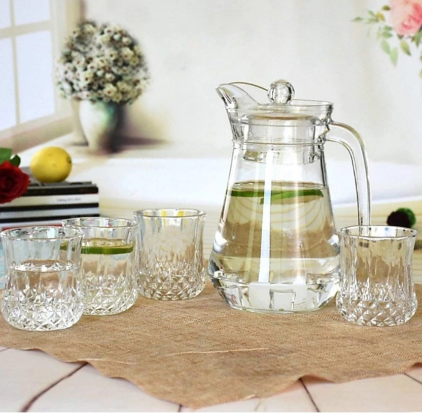 DULARIYA Glassware Imported Crystal Glass Carafes & Pitchers Jug (1.3 L) 6 Glass (300 ml)(pack of 7) Jug Glass Set(glass)