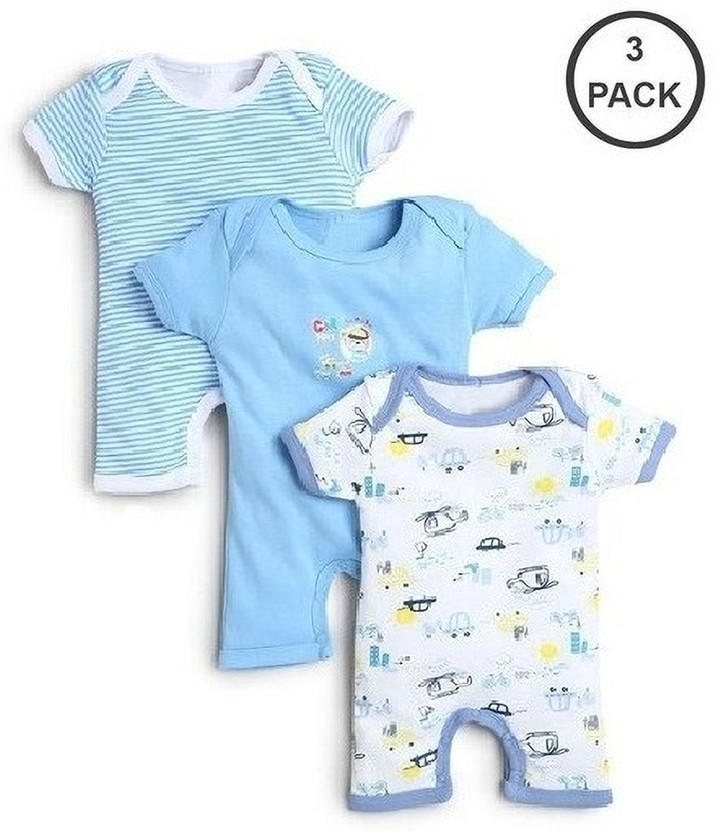 GME Romper For Baby Boys & Baby Girls Casual Solid, Printed, Striped Cotton Blend(Light Blue, Pack of 3)