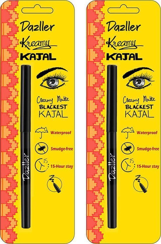 Dazller Kreamy Kajal, (Pack of 2), 15 Hour Stay, Water-Resistant, Creamy Matte Finish(Black, 0.35 g)