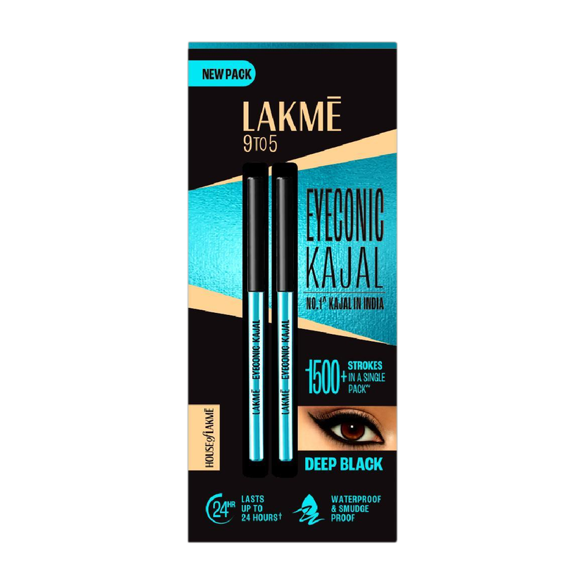 Lakmé 9 to 5 Eyeconic Kajal Twin Pack, lasts upto 24hrs, Pack of 2(Deep Black, 0.7 g)