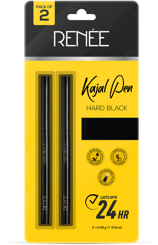 Renee Kajal Pen with Sharpener, Matte Finish, Smudge & Waterproof, Long Lasts Upto 24H(Hard Black Pack of 2, 0.7 g)