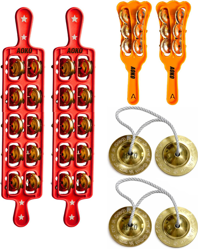 AOKO Set, 2 Jhika 5 Line, 2 Plastic Taal Kanjira, 2 Manjeera Brass look 3 INCH, Kartal Instrument