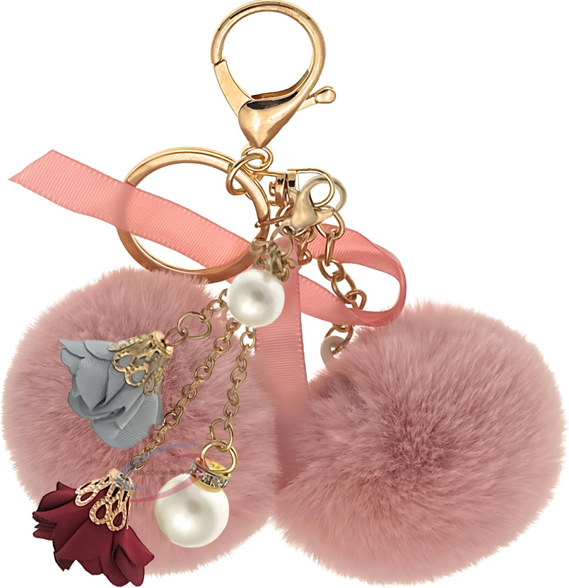 iAccessories Faux Fur Pearl Rose Twin Pom Pom Key Chain