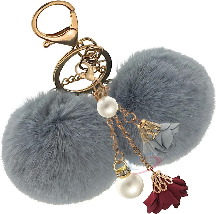 iAccessories Faux Fur Pearl Rose Twin Pom Pom Key Chain