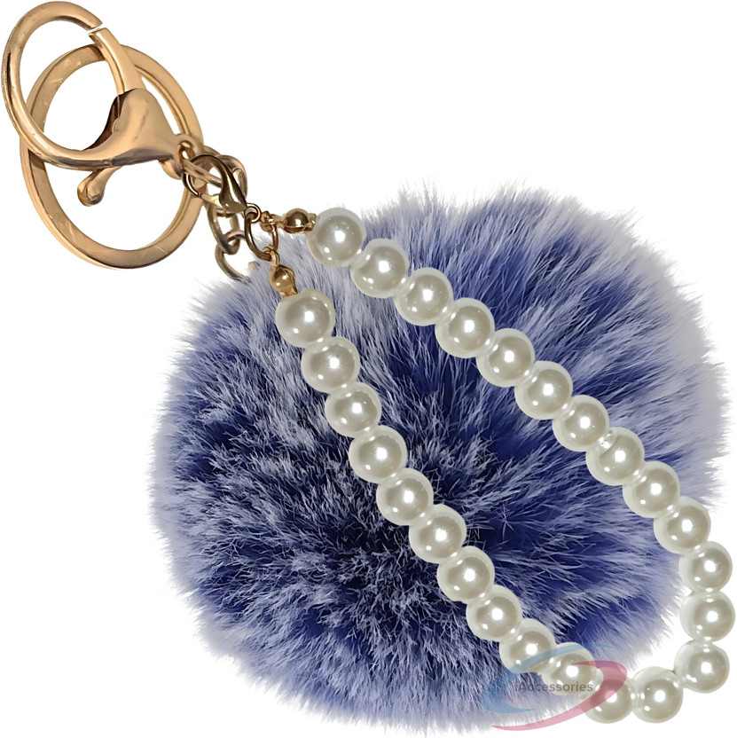 iAccessories Fluffy Faux Fur Pearl Pompom Charm Keyring for Girls Bags Bike Car Frosted Blue Key Chain